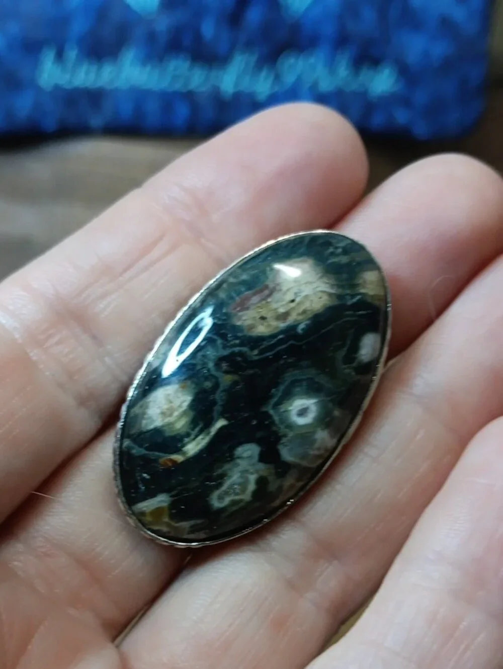 Oval Ocean Jasper Cocktail Ring in Dark Green and Cream